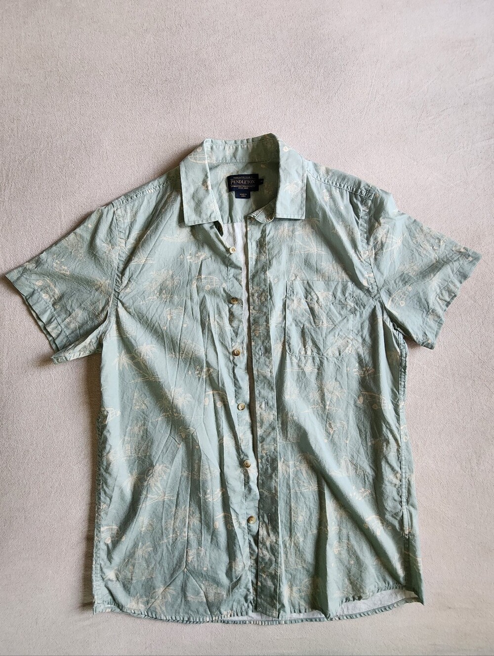 Pendleton Cotton Light Sage Short-Sleeve Button-Down Shirt Hawaiian Style